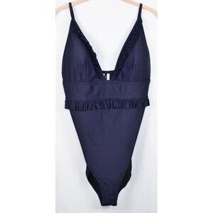 J. Crew RE-IMAGINED One Piece Ruffle Trim Swimsuit Navy Blue Size 14